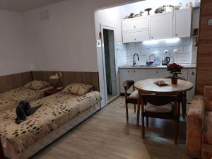 a room with two beds and a table and a kitchen at Студио Тони in Burgas