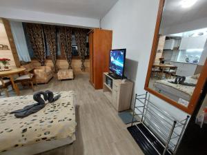 a living room with a television and a room with a bed at Студио Тони in Burgas +3 photos