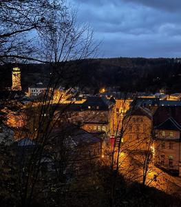 uma vista para uma cidade à noite com luzes em Brauhaus Suite 19 em Sebnitz