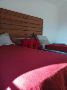 a bedroom with a red bed with a wooden headboard at Palm Tree Room 1 in Prato