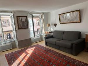 a living room with a couch and two windows at Carré or au pied de la Cathédrale in Strasbourg