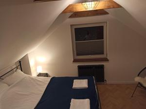 1 dormitorio con cama, ventana y luz en Mini house, en Solec-Zdrój