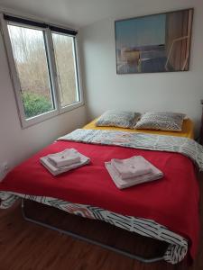 um quarto com uma cama com duas toalhas em Gîte insolite La Renouée em Saumur