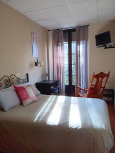 a bedroom with a large bed and a window at Hostal La Cigueña in El Espinar
