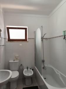 a white bathroom with a toilet and a sink at Apartamentos Campos 2 in Porto Covo