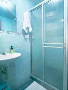 een badkamer met een douche en een wastafel bij Lindo apto amoblado ¡super central! RNT734 in Armenia