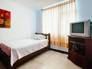 um quarto com uma cama e uma televisão numa cómoda em Lindo apto amoblado ¡super central! RNT734 em Armenia