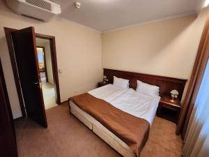 a bedroom with a large bed with a wooden headboard at Luxury Downtown Appartment - 150m ski lift Gondola in Bansko