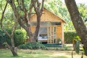 une petite maison en bois au milieu d'une forêt dans l'établissement Mkoani Homestay, à Moshi