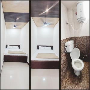 two pictures of a room with a bed and a toilet at HOTEL PRAKASH PALACE in Ujjain