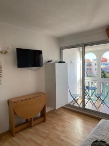 a living room with a flat screen tv on the wall at Studio cabine barcares in Le Barcarès