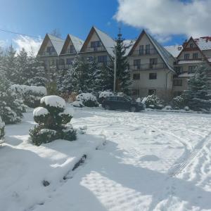 ein schneebedeckter Parkplatz vor einem Gebäude in der Unterkunft Willa Gronik in Zakopane