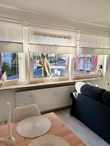 una sala de estar con un gato parado en una ventana en Stadtbude 50, en Emden