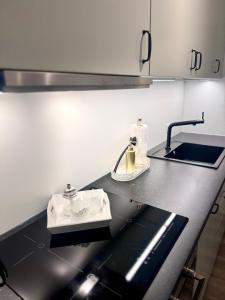 a kitchen counter with a sink and a faucet at Stadtbude 50 in Emden