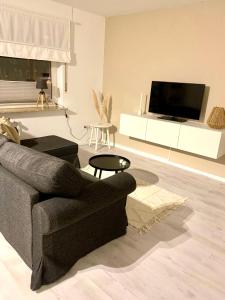 sala de estar con sofá y TV en Stadtbude 50, en Emden