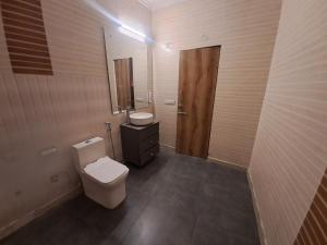 Hotel Diamond Airport في نيودلهي: حمام مع مرحاض ومغسلة ومرآة