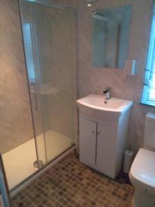 a bathroom with a shower and a sink and a toilet at Sunrise Holidays Skegness - Diamond in Skegness
