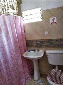 un bagno con una tenda da doccia rosa e un lavandino di Casa quinta La Panambí a Campana Altre 5 foto