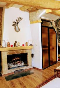 a living room with a fireplace and a deer head on the wall at Can vinyals 1979 in La Pobla de Cérvoles