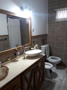 a bathroom with a sink and a toilet and a mirror at Nel's Casa Hostel A 15 minutos de Aeropuerto Ezeiza in Monte Grande