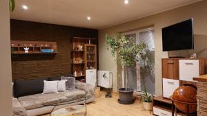 a living room with a couch and a tv at Apartmán Gaidi in Zlín