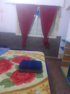 a room with a bed with red curtains and a window at Shark in Paso de los Libres