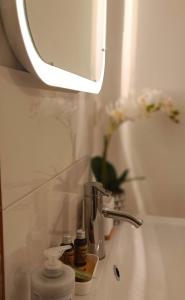 um lavatório de casa de banho com uma torneira e um espelho em Appartement Tout équipé en Hyper-Centre avec Parking Privé et Gratuit - Vue sur la Ville et Château de Caen em Caen