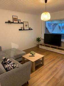 ein Wohnzimmer mit einem Sofa, einem TV und einem Tisch in der Unterkunft Ferienwohnung Wanderlust in Bad Rothenfelde
