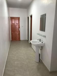 een badkamer met een wastafel, een spiegel en een deur bij Kapowlito Real Estate Casa Cocobiacoweg in Paramaribo