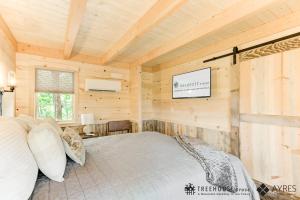 ガトリンバーグにあるThe Hickory in Treehouse Grove at Norton Creekのベッドと壁にテレビが掛かった寝室