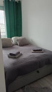a bed with two pillows and a green curtain at Apartament Kościuszki Iława in Iława
