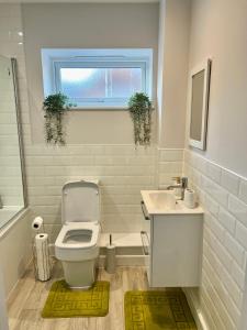 a bathroom with a toilet and a sink and a window at Port of Dover Apartments in Kent