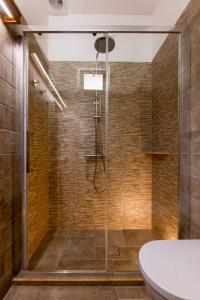 a shower with a glass door in a bathroom at Monachofolitses in Kimolos