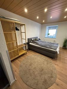 ein Schlafzimmer mit einem Bett und einem Teppich in der Unterkunft FEWO Sternen Plus in Donaueschingen