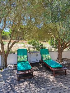 two green chairs sitting on a deck under trees at Sea wave sounds, Meco, by the beach in Sesimbra