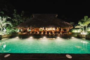 a resort swimming pool with a thatch roof at Naio in Palomino