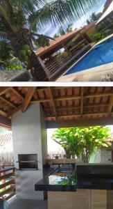 - une cuisine avec un comptoir noir à côté d'une piscine dans l'établissement Bangalô Amarelo, à Prado