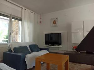 uma sala de estar com um sofá azul e uma televisão em Casa L'Escala, 4 dormitorios, 8 personas - ES-89-127 em Torroella de Montgrí