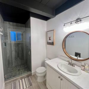 a bathroom with a shower and a toilet and a sink at Lake Arrowhead Lux Black Cabin in Lake Arrowhead +16 photos