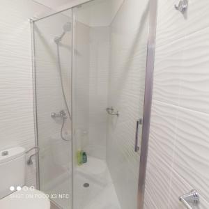 a bathroom with a glass shower with a toilet at APARTAMENTO NAIR in Candelaria