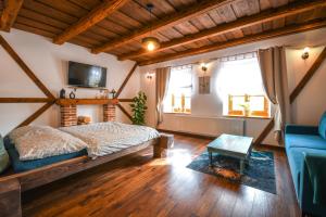 a bedroom with a bed and a couch and a tv at Apartmány Berries in Valča