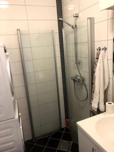 La salle de bains est pourvue d'une douche avec une porte en verre. dans l'établissement Fin og super sentral leilighet, à Bergen