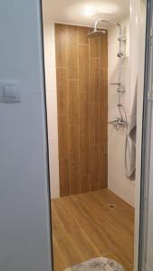 een douche met een glazen deur in de badkamer bij Slivnitsa 105 in Varna
