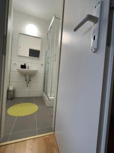 uma casa de banho com um chuveiro e um lavatório. em Zimmer- Pension-Gästehaus em Meine