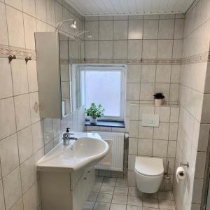 baño con lavabo y aseo y ventana en Weber Apartment David, en Bramsche