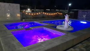 CalapanLS Resthouse - Loft studio with pool and garden access的游泳池晚上有紫色的灯光