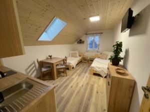 Habitación con cocina y sala de estar. en Penzion Pod pecí, en Lenora