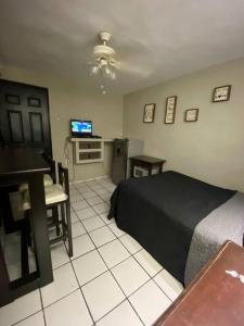 um quarto com uma cama, uma secretária e uma televisão em Salvali em Ciudad Madero