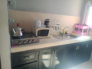 a kitchen counter with a microwave and a sink at Appartement du luxe in Ifrane