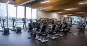 a gym with rows of treadmills and exercise bikes at Blissful Stay in Surrey in Surrey